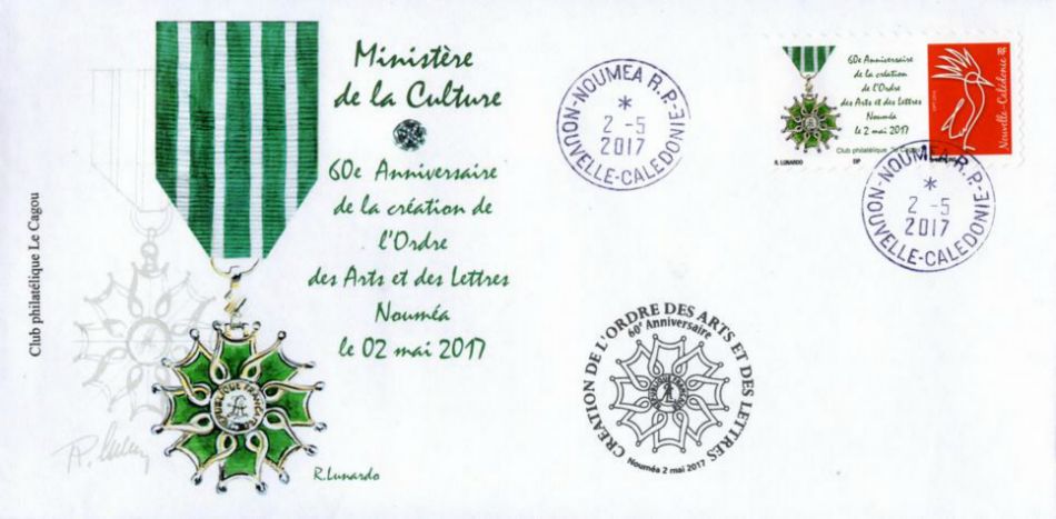 Enveloppes évènementielle Club Philatélique Le Cagou - 60e anniversaire de la création de l'Ordre des Arts et Lettres