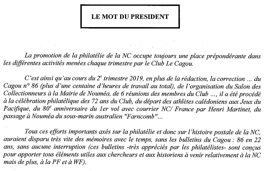 Le Cagou N° 86 - Le mot du Président